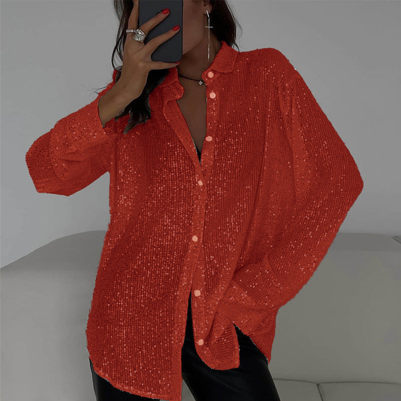 Elwine – Damen Paillettenhemd mit Reverskragen Rot