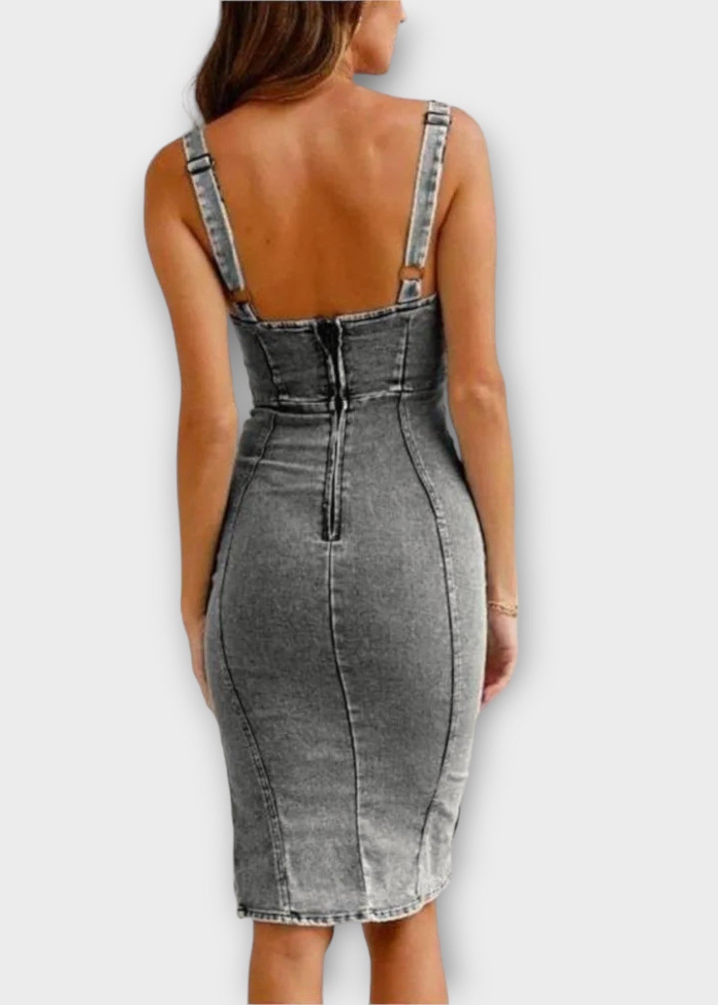 Ermelinde – Damen Midikleid aus Denim mit Quadrat Grau