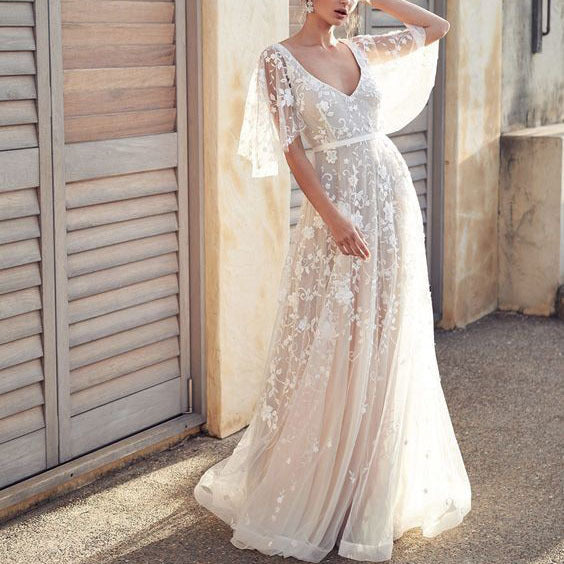 Estelle- Damen Elegantes Hochzeitskleid mit durchsichtigen Ärmeln Weiß 1-0-cib_f1adfcdc-c72c-40ff-86ed-ca9aed963698