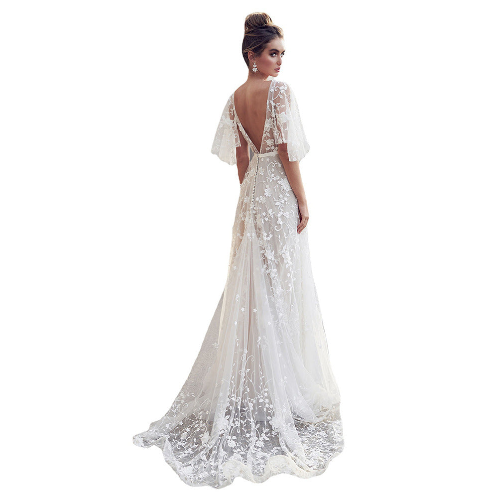 Estelle- Damen Elegantes Hochzeitskleid mit durchsichtigen Ärmeln Weiß 4-0-cib