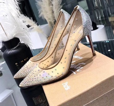 Ethelinde – Transparente Damenschuhe mit Strassapplikation Silber
