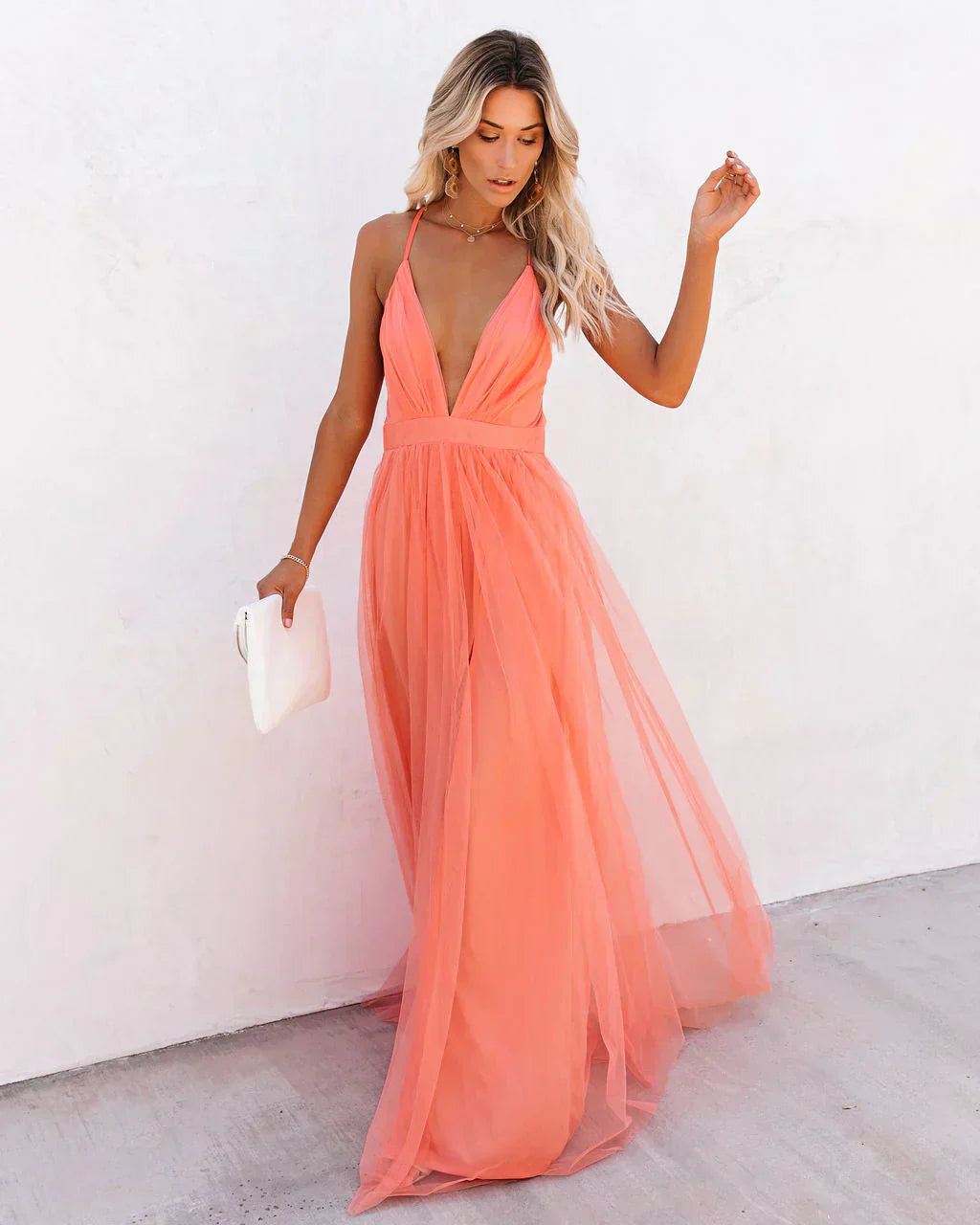 Eugénie – Pinkes Sommer-Maxikleid mit tiefem V-Ausschnitt Orange 2