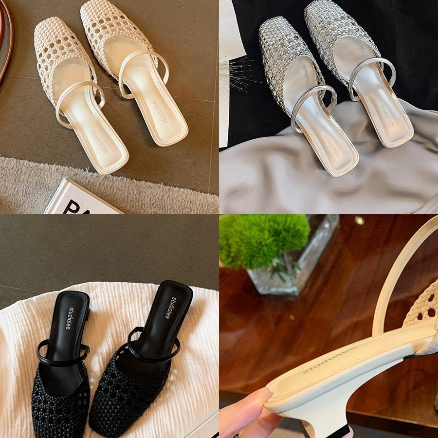 Fabienne- Damen Gewebte Offene Toe Mules mit Riemen 