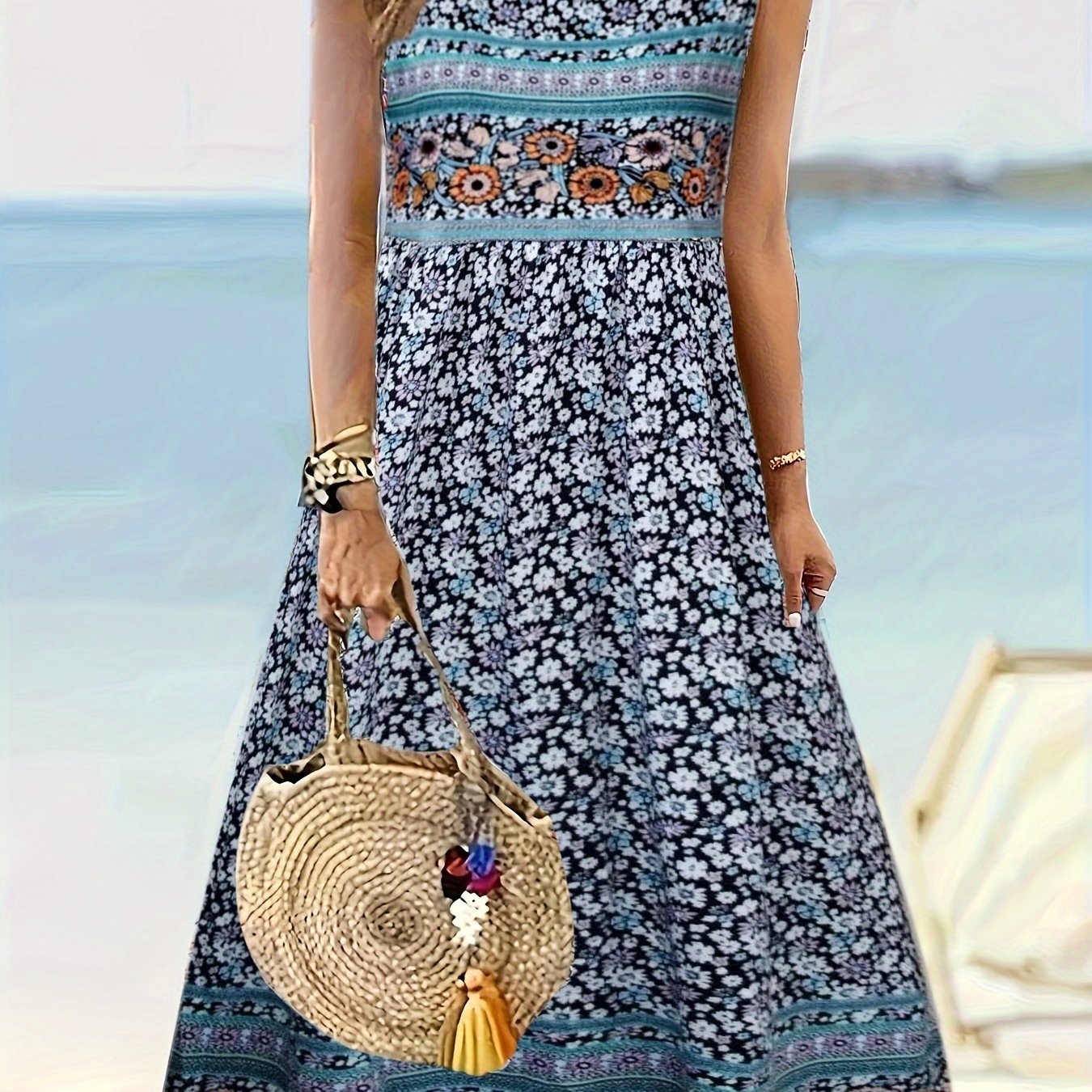 Fabrizia – Ärmelloses A-Linien-Kleid mit Blumenprint und Rundhalsausschnitt Blau 2