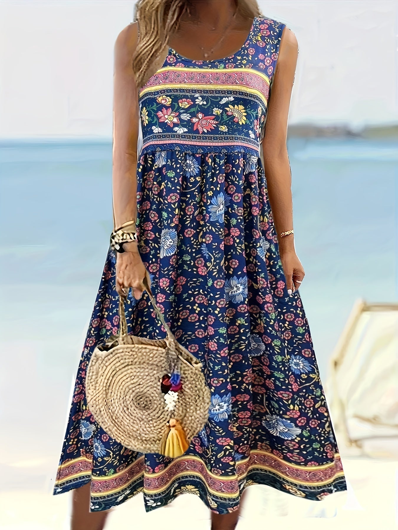 Fabrizia – Ärmelloses A-Linien-Kleid mit Blumenprint und Rundhalsausschnitt Blaues Meer