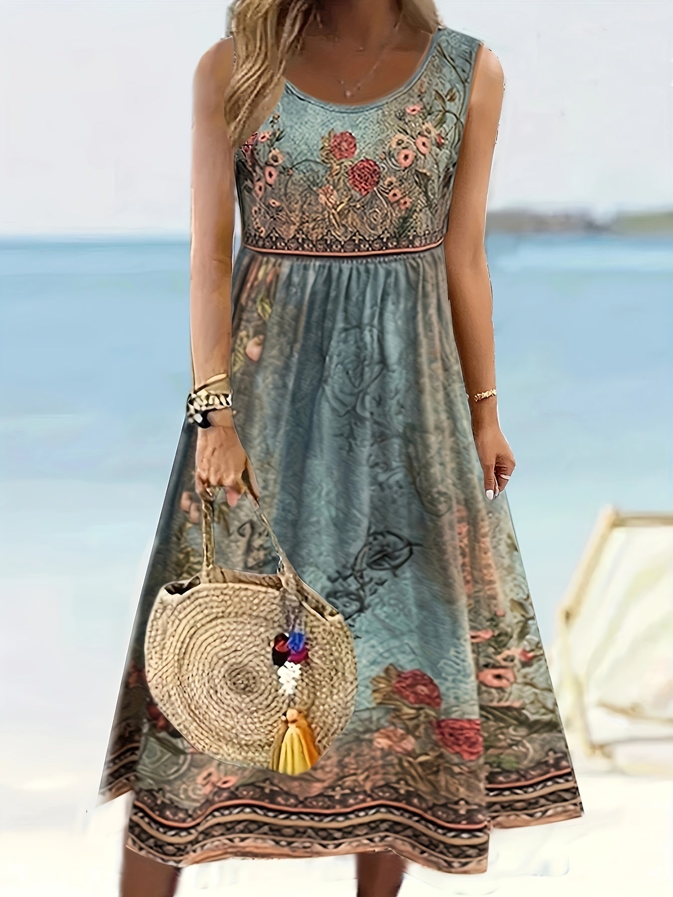 Fabrizia – Ärmelloses A-Linien-Kleid mit Blumenprint und Rundhalsausschnitt Grun