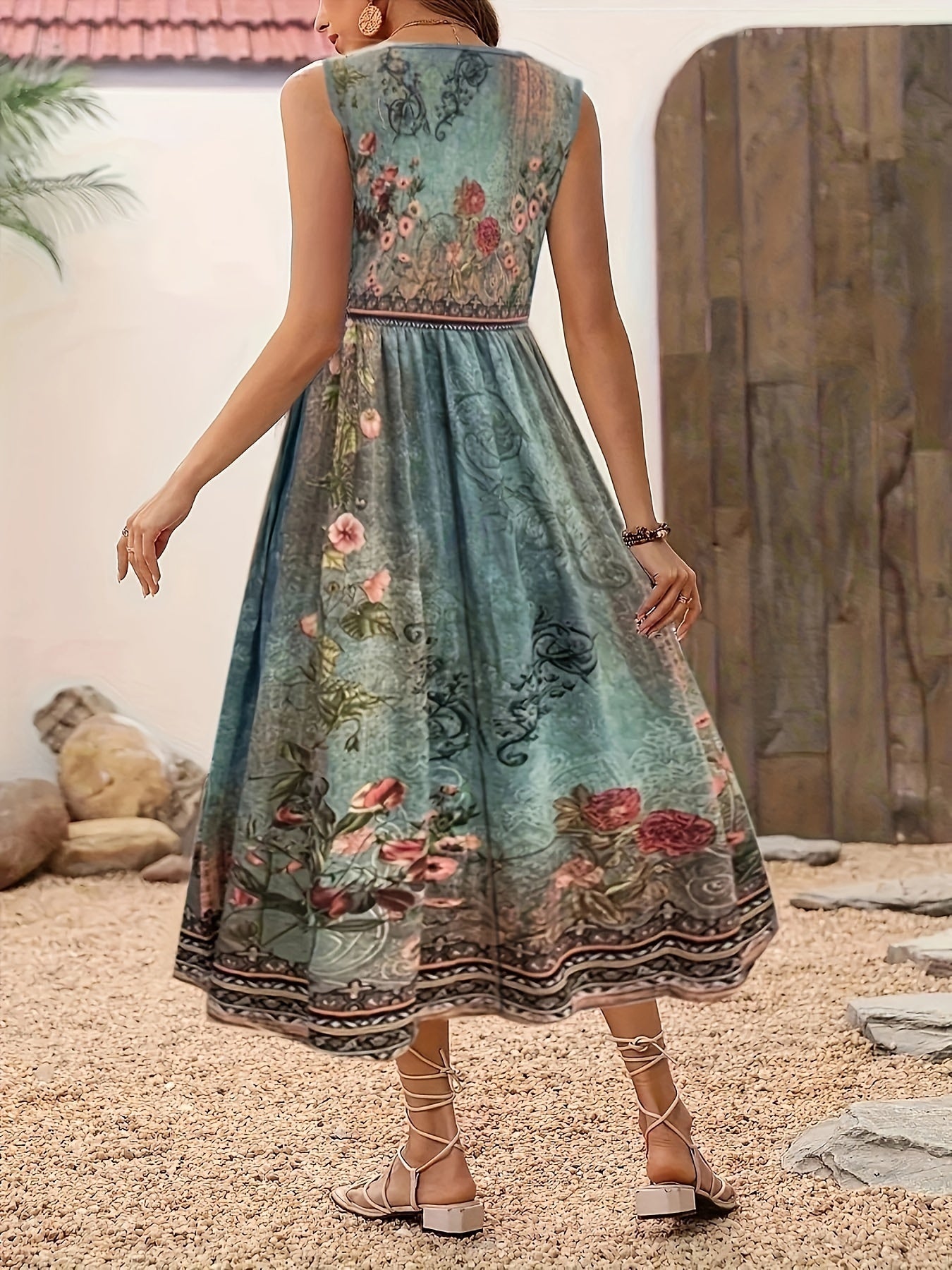 Fabrizia – Ärmelloses A-Linien-Kleid mit Blumenprint und Rundhalsausschnitt Grun 1