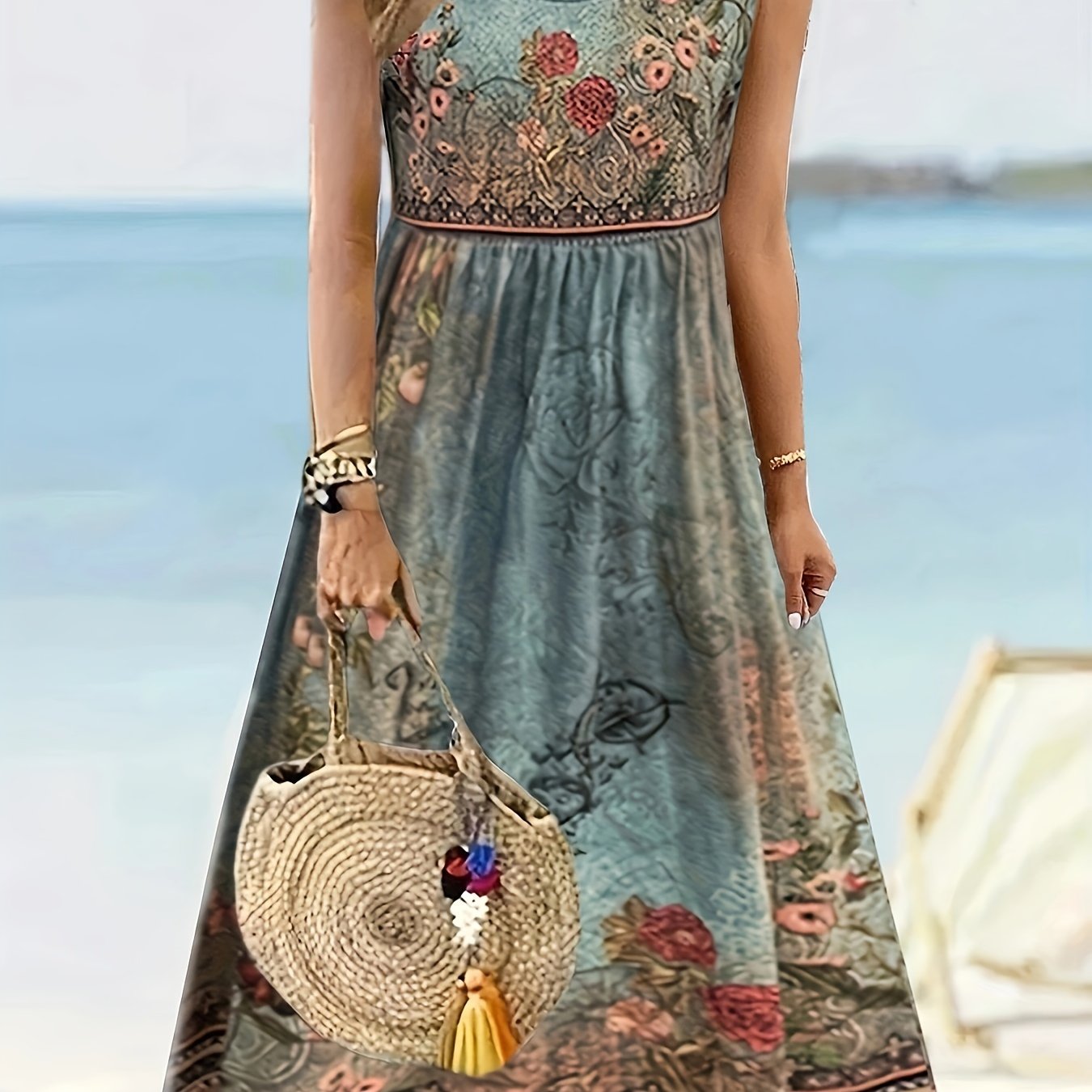 Fabrizia – Ärmelloses A-Linien-Kleid mit Blumenprint und Rundhalsausschnitt Grun 2