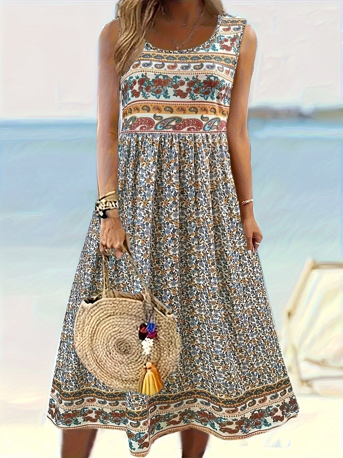 Fabrizia – Ärmelloses A-Linien-Kleid mit Blumenprint und Rundhalsausschnitt Ingwerfarben
