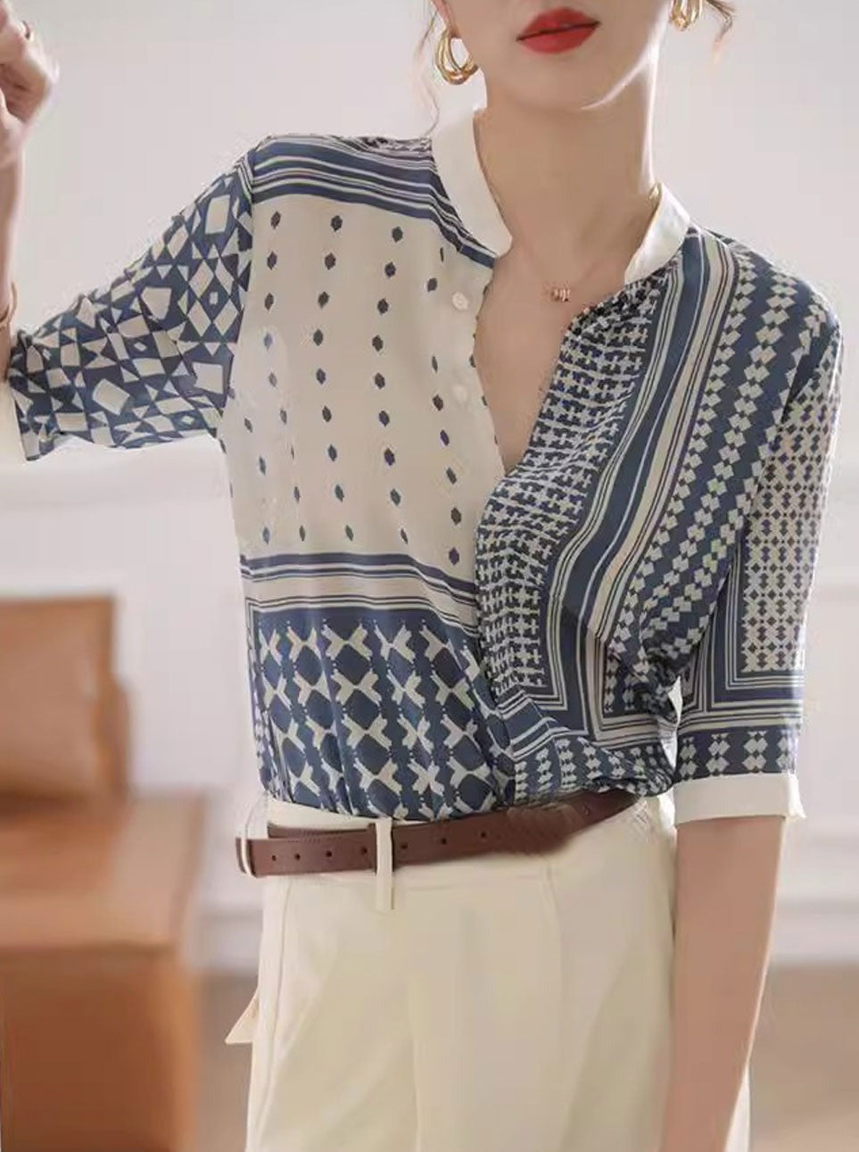 Fanja - Retro Kariertes Gestreiftes Hemd Blau