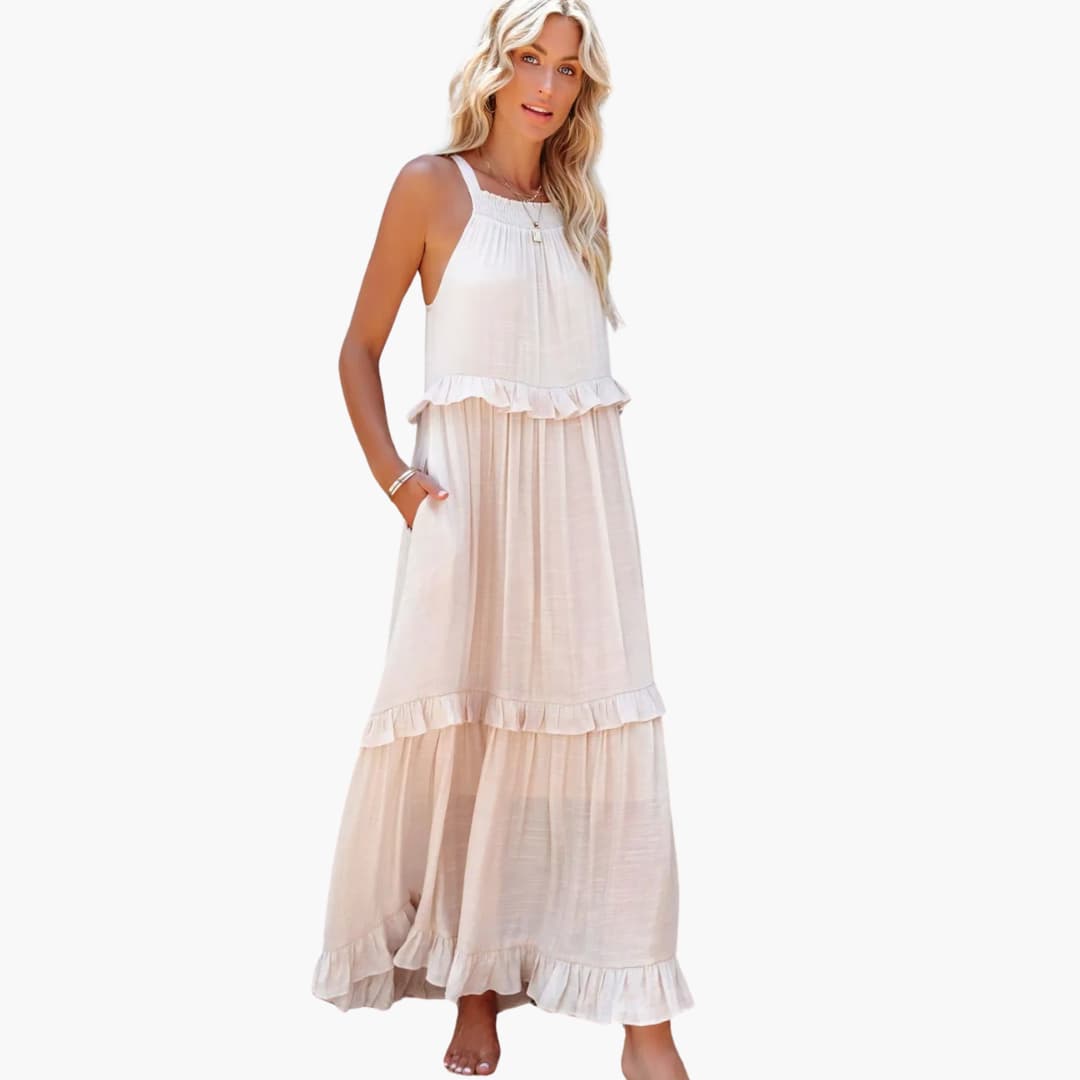 Fidesia – Stufiges Maxikleid mit Rüschen für Damen Aprikose
