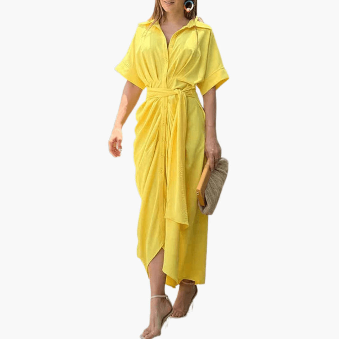 Filomena – Hemdblusenkleid mit Gürtel & Blumenmuster Gelb