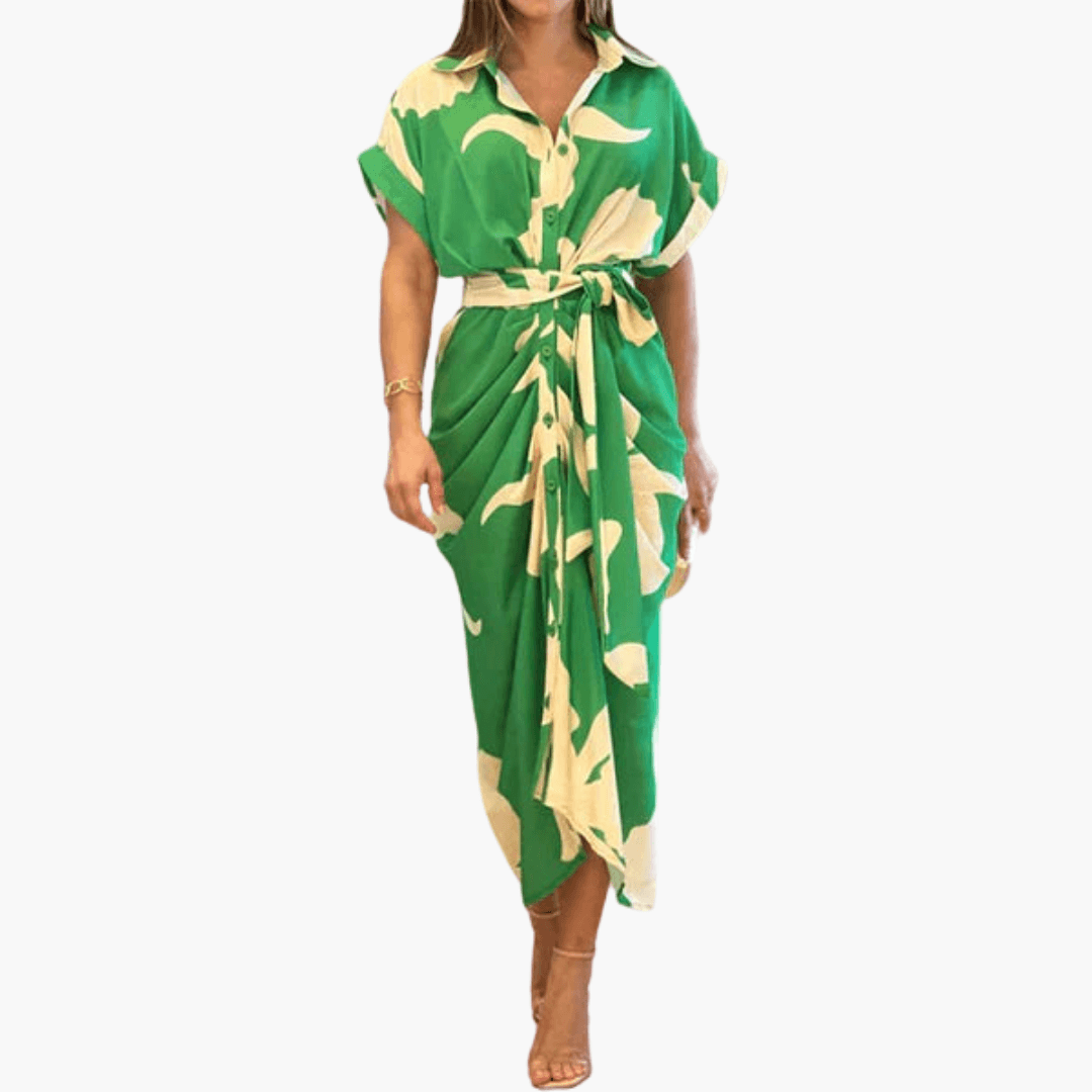 Filomena – Hemdblusenkleid mit Gürtel & Blumenmuster Grun