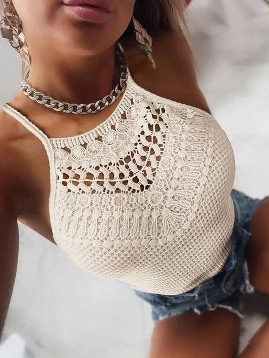 Finja – Camisole Damen Tailliert Waffelspitze Patchwork Look 1