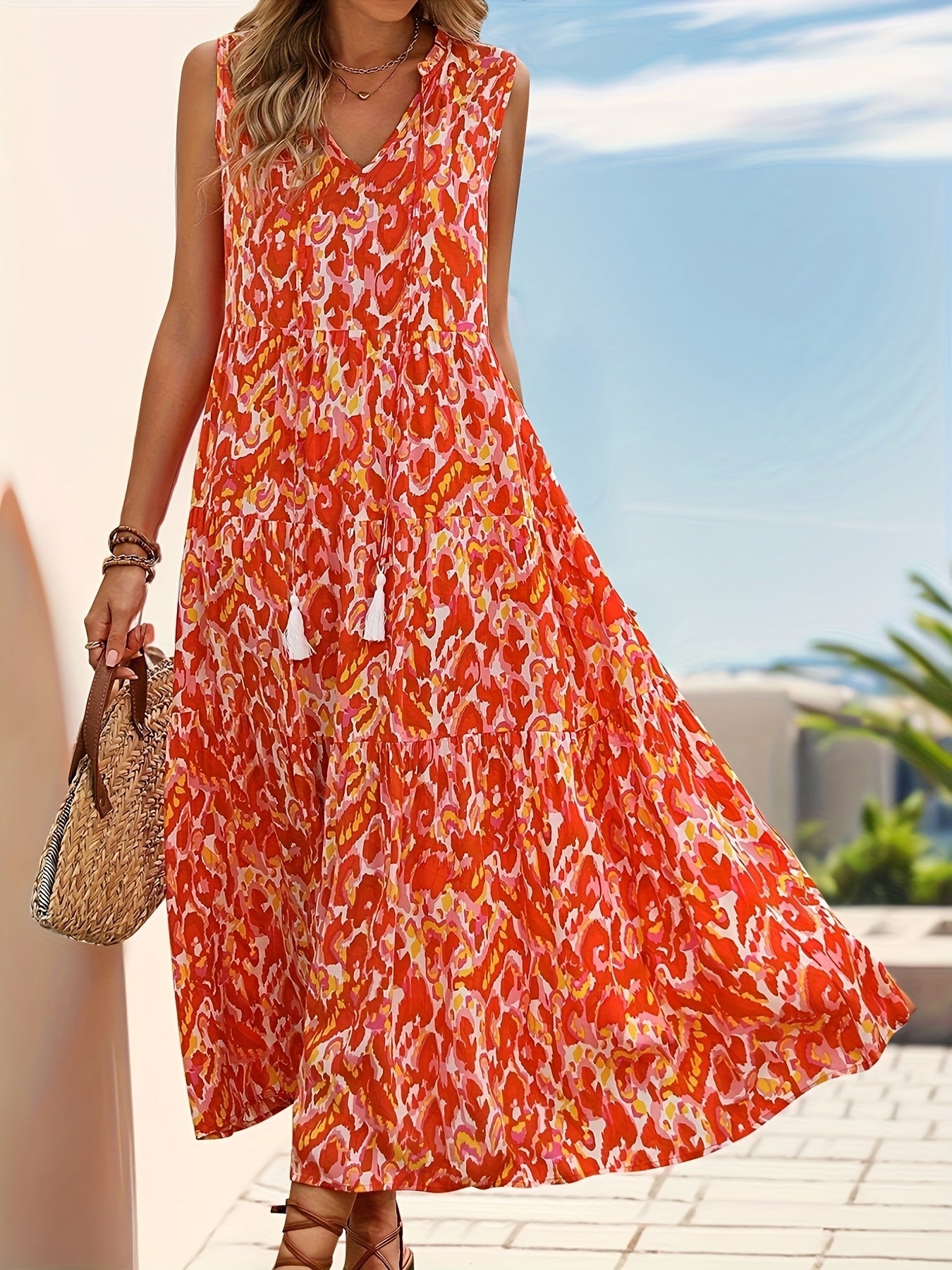 Fionnuala – Bohemian Sommerkleid ohne Ärmel mit Tie-Dye Mandarinenrot