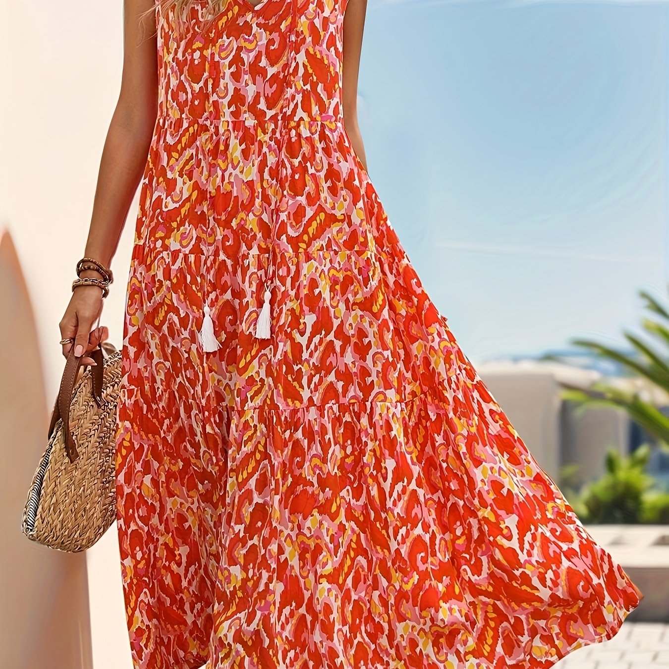 Fionnuala – Bohemian Sommerkleid ohne Ärmel mit Tie-Dye Mandarinenrot 1