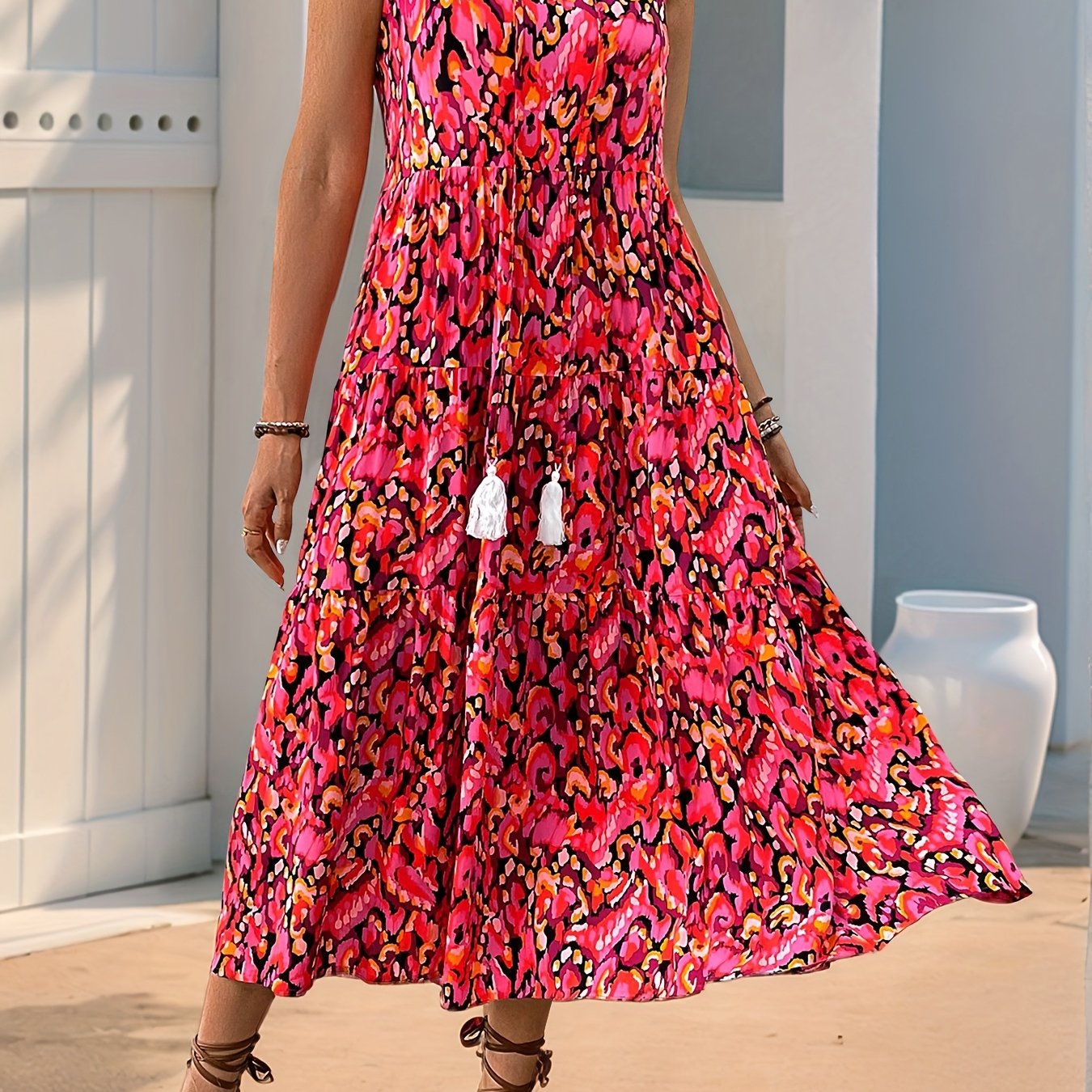 Fionnuala – Bohemian Sommerkleid ohne Ärmel mit Tie-Dye Rot 2