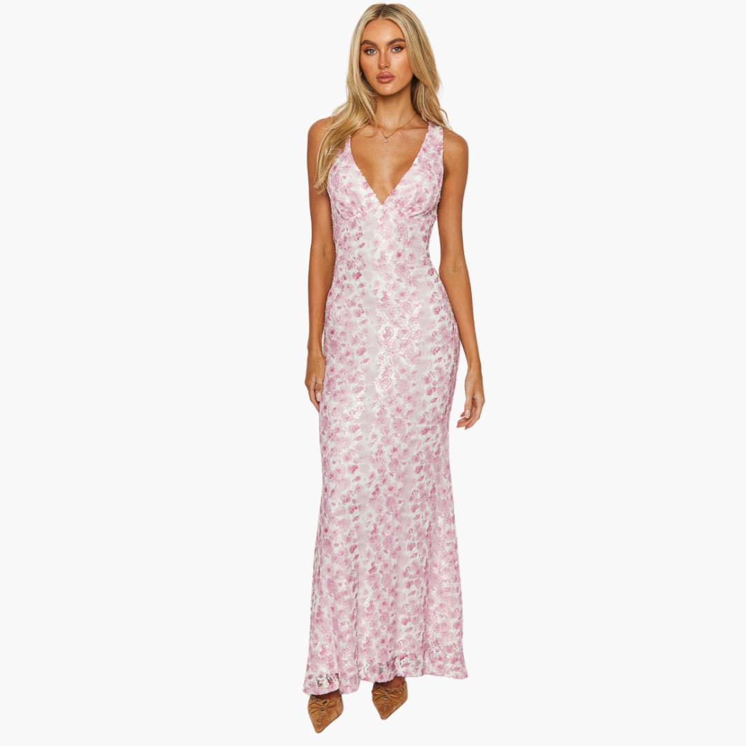 Fiora - Spitzen-Maxikleid Damen Stil mit V-Ausschnitt Rosa