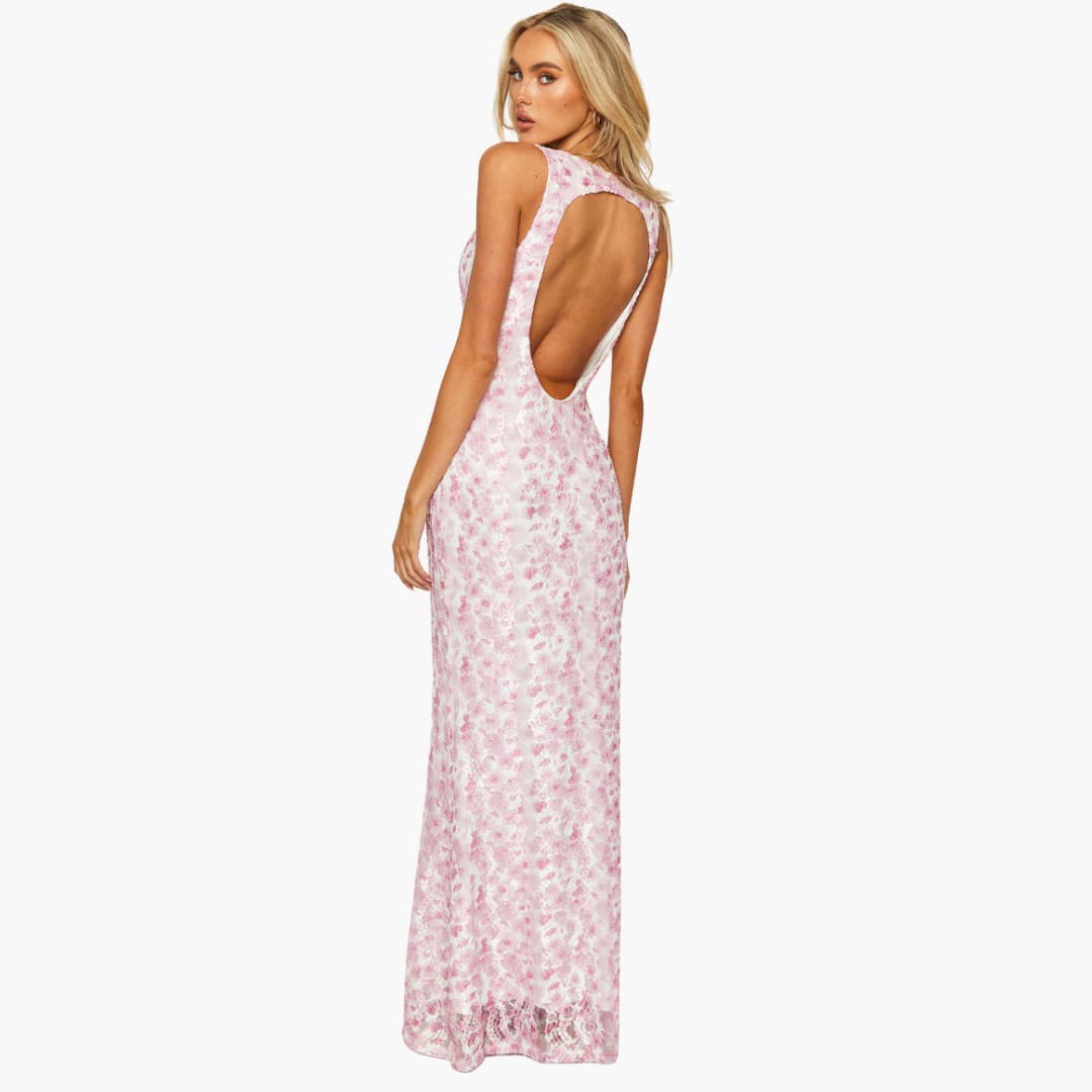 Fiora - Spitzen-Maxikleid Damen Stil mit V-Ausschnitt Rosa