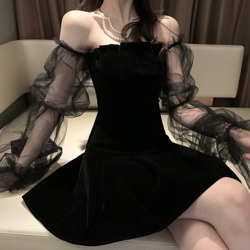 Florentina – Off-Shoulder Taillenkleid mit Mesh und Puffärmeln Schwarz