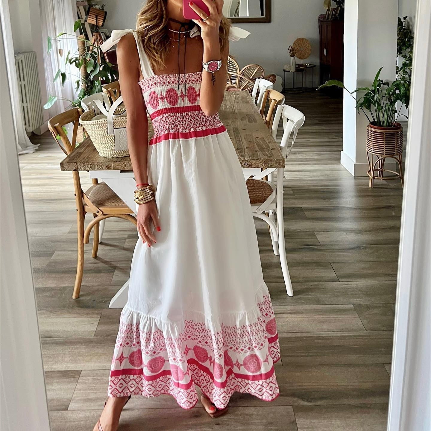 Florika – Langes Kleid mit Schnürung und Druck Rot