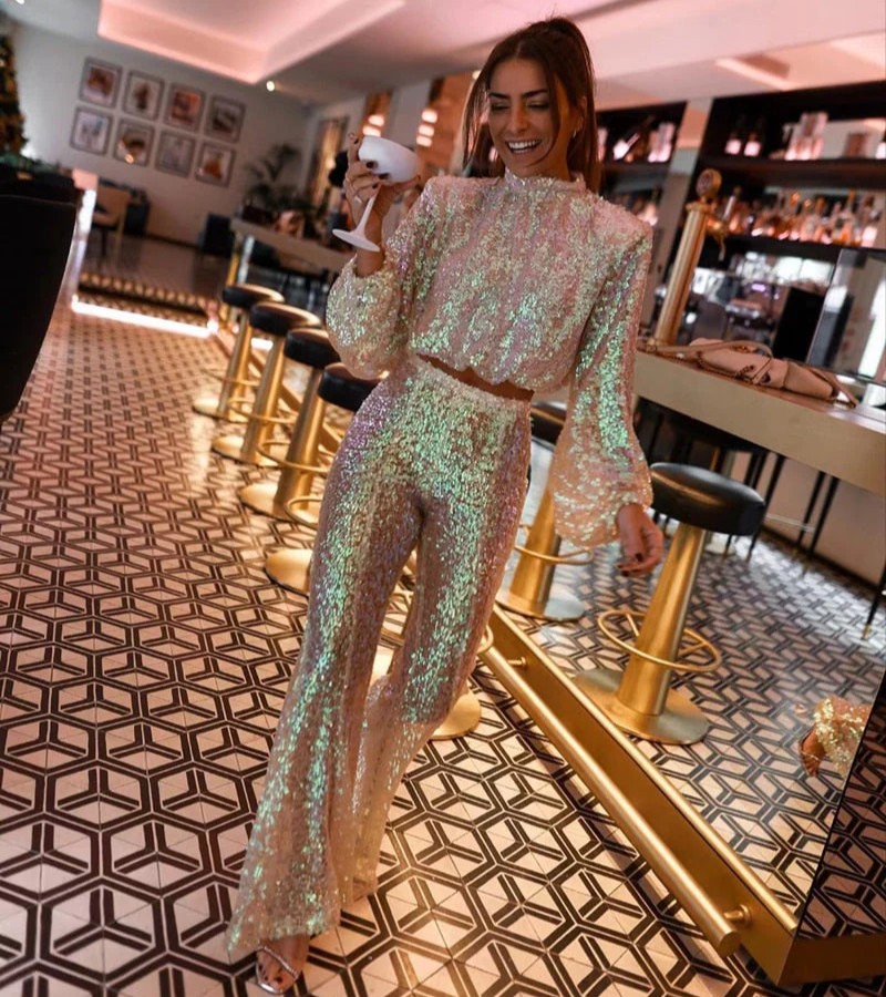 Franja – Damen Zweiteiler Set für Party Outfits Silber