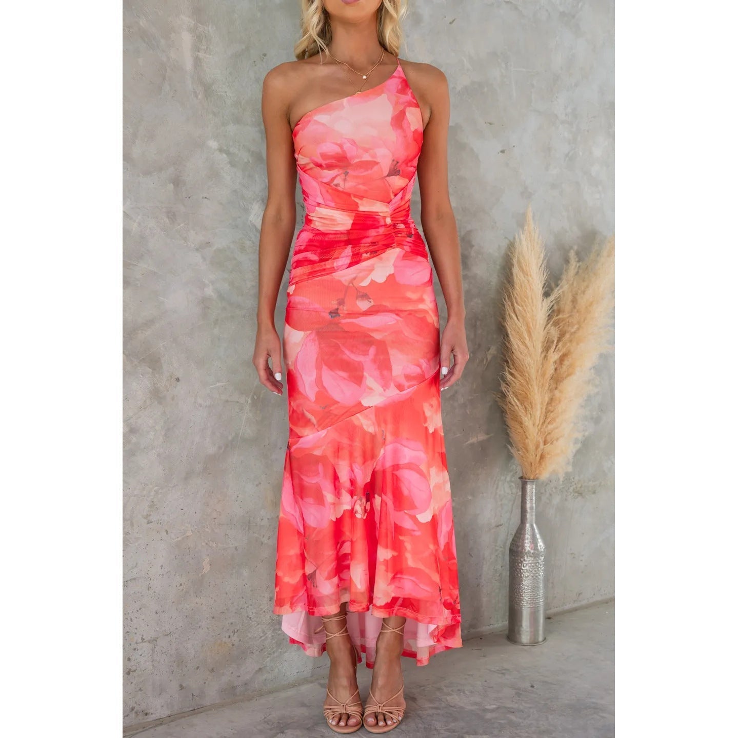 Franka – Einseitiges Kleid mit Blumenmuster für Damen Rot