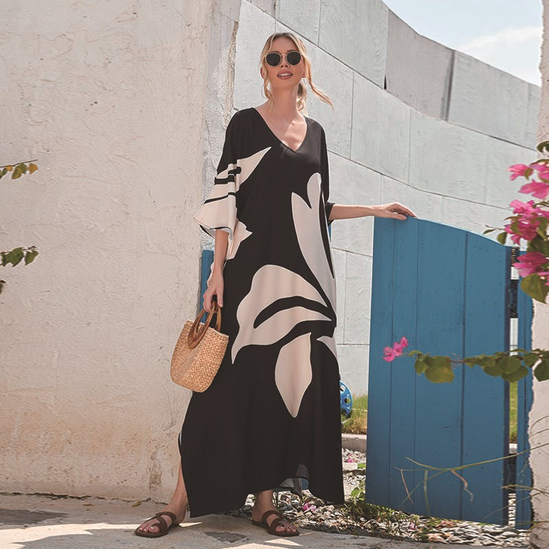 Géraldine- Damen Maxi Kaftan mit floralem Design Schwarz-Weiß 2-0-cib