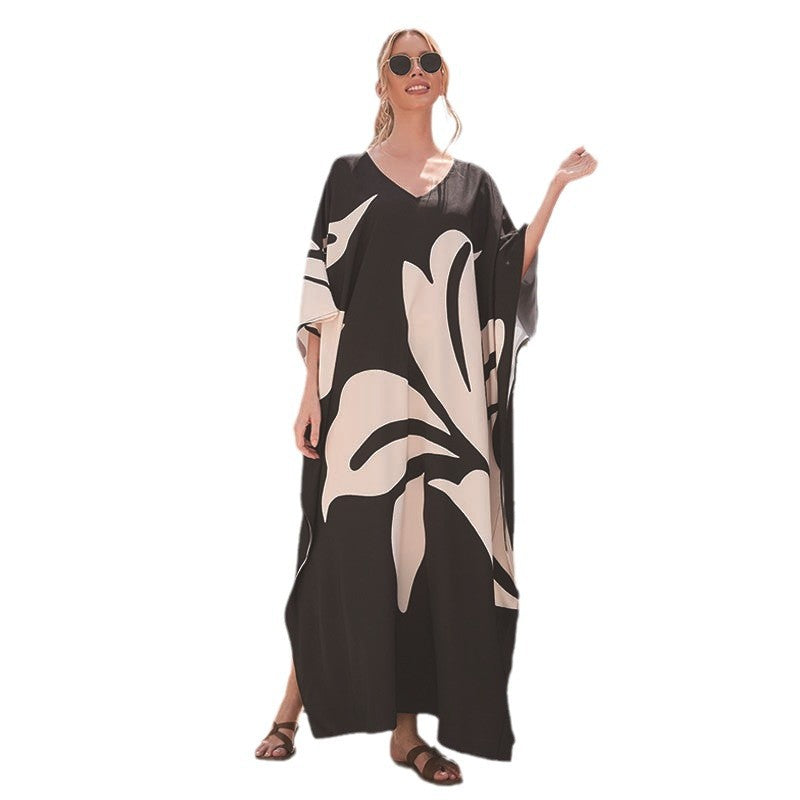 Géraldine- Damen Maxi Kaftan mit floralem Design Schwarz-Weiß 3-0-cib