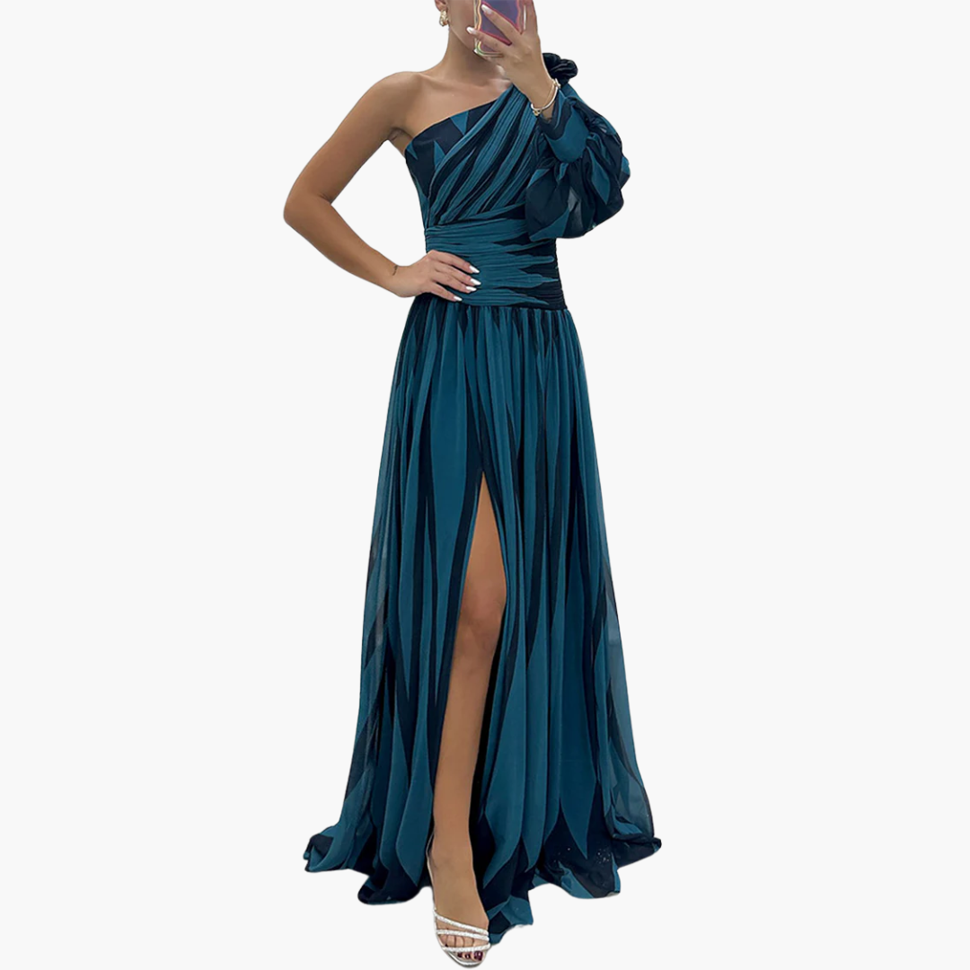 Gabrina – Gestreiftes One-Shoulder Maxikleid für Damen Marineblau