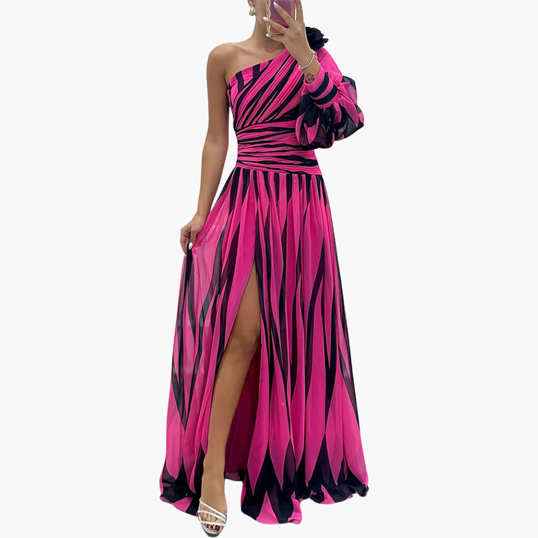 Gabrina – Gestreiftes One-Shoulder Maxikleid für Damen Rosenrot