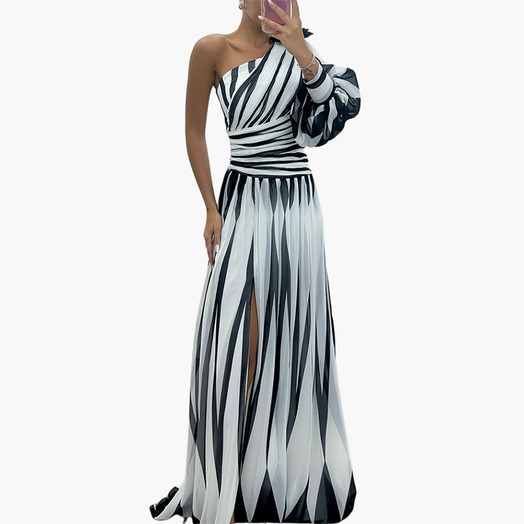 Gabrina – Gestreiftes One-Shoulder Maxikleid für Damen Weiß
