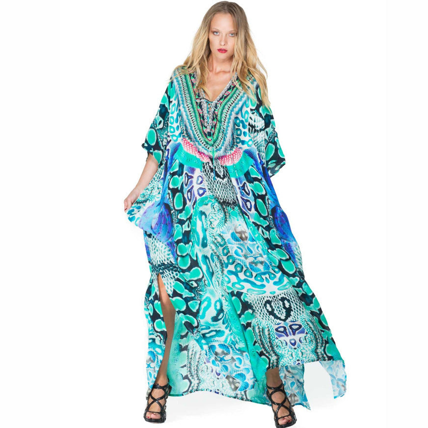 Gia- Damen Maxi Kaftan mit kunstvollem Tierdesign Grüntöne
