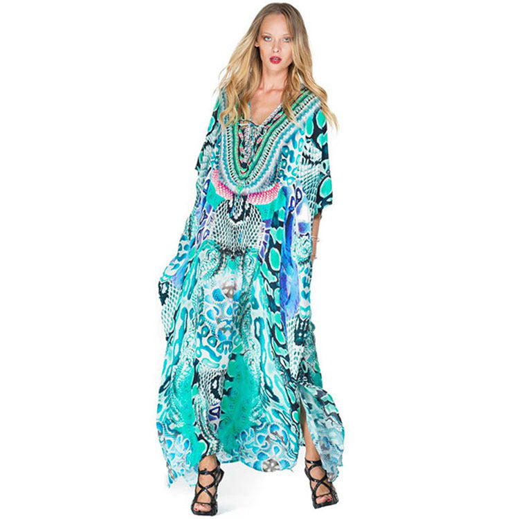 Gia- Damen Maxi Kaftan mit kunstvollem Tierdesign Grüntöne 1