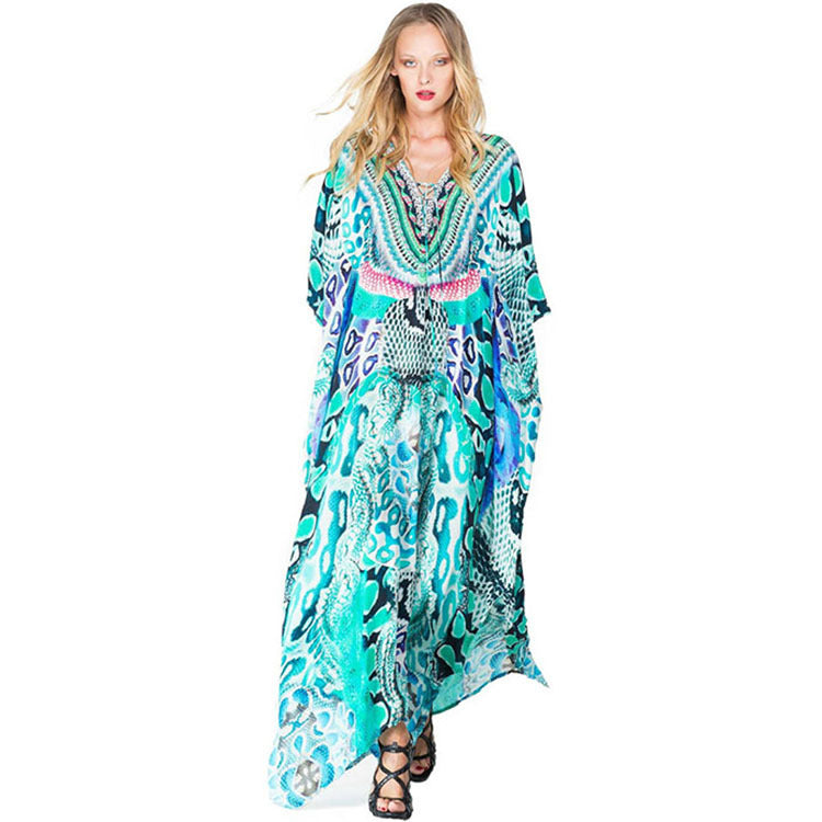 Gia- Damen Maxi Kaftan mit kunstvollem Tierdesign Grüntöne 3-0-cib