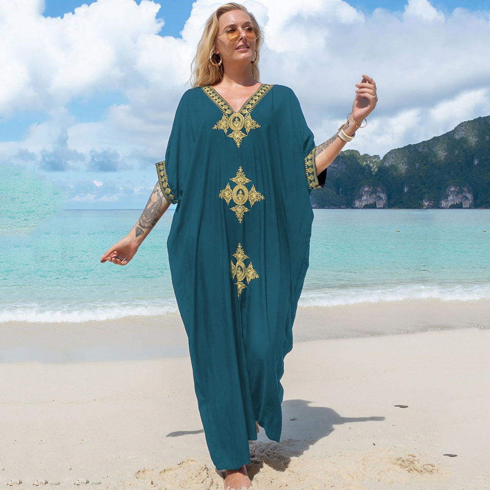 Gisela- Damen Maxi Kaftan mit künstlerischer Bestickung Blaugrün