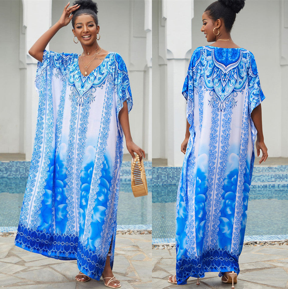 Giselle- Damen Maxi Kaftan mit kunstvollem Azurmuster Weiß