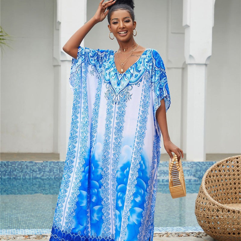 Giselle- Damen Maxi Kaftan mit kunstvollem Azurmuster Weiß 1