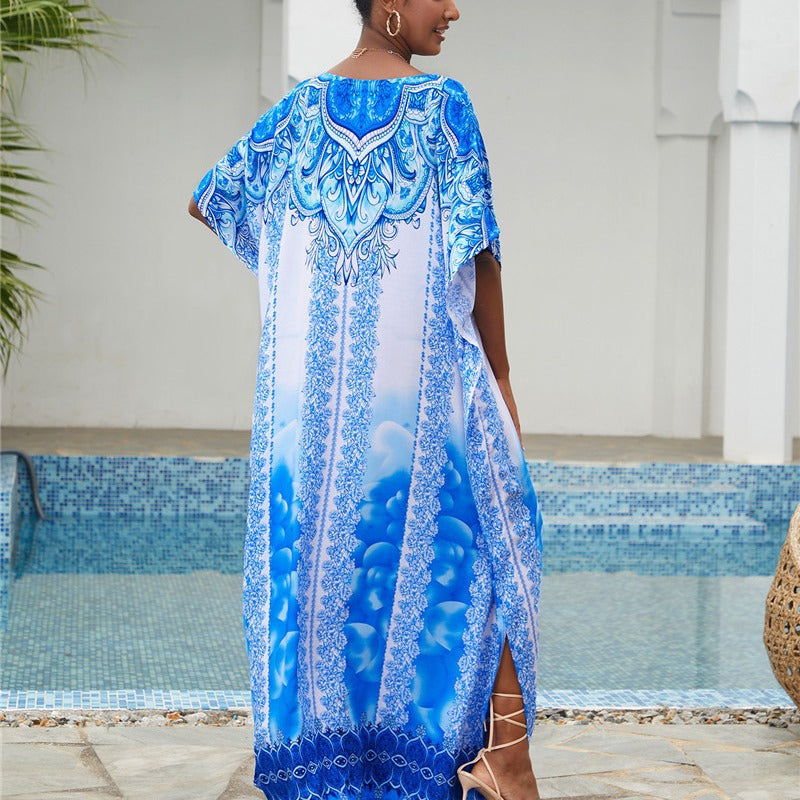 Giselle- Damen Maxi Kaftan mit kunstvollem Azurmuster Weiß 3