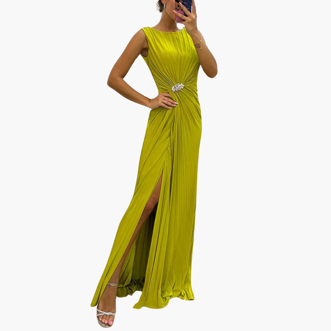 Giselle – Elegantes Plissee-Maxikleid mit Schlitz Gelb