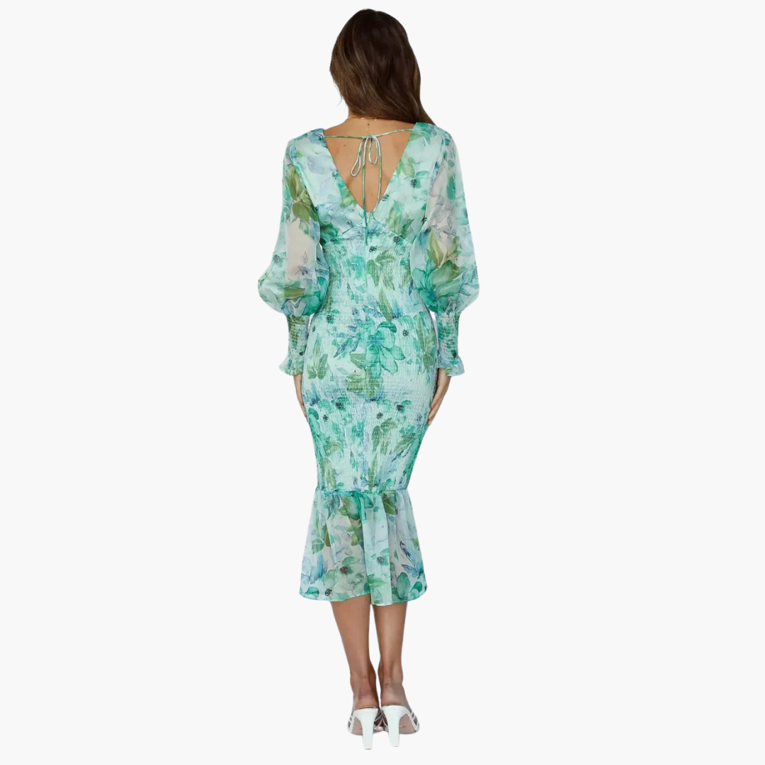 Gunda – Blumen-Midikleid mit Puffärmeln für den Sommer Grün