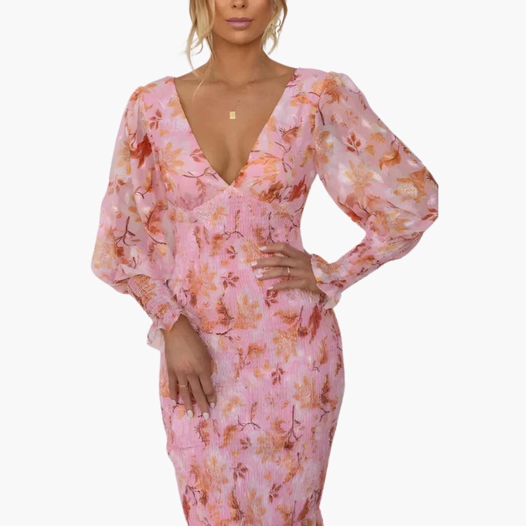 Gunda – Blumen-Midikleid mit Puffärmeln für den Sommer Rosa