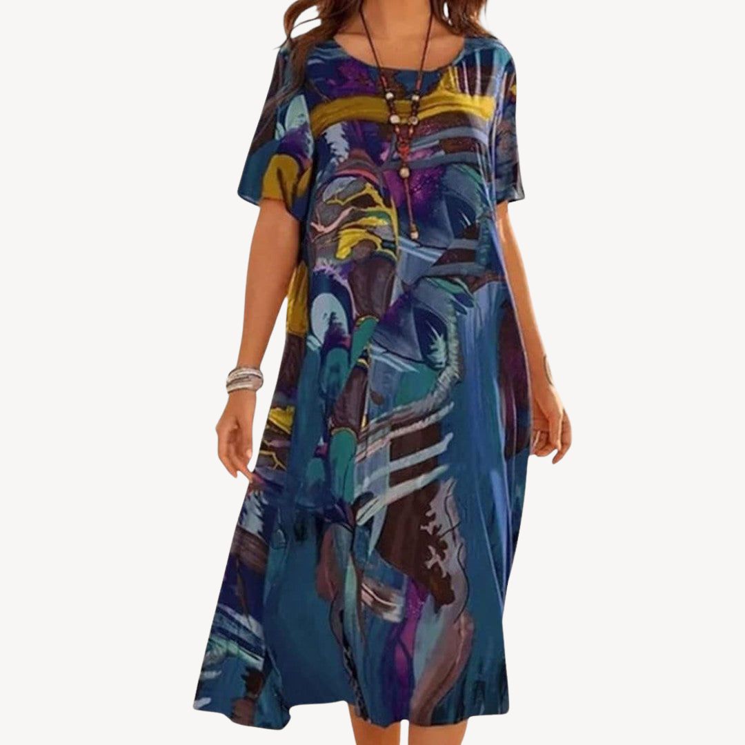 Hedy – Damen Midikleid mit abstraktem Muster Blau