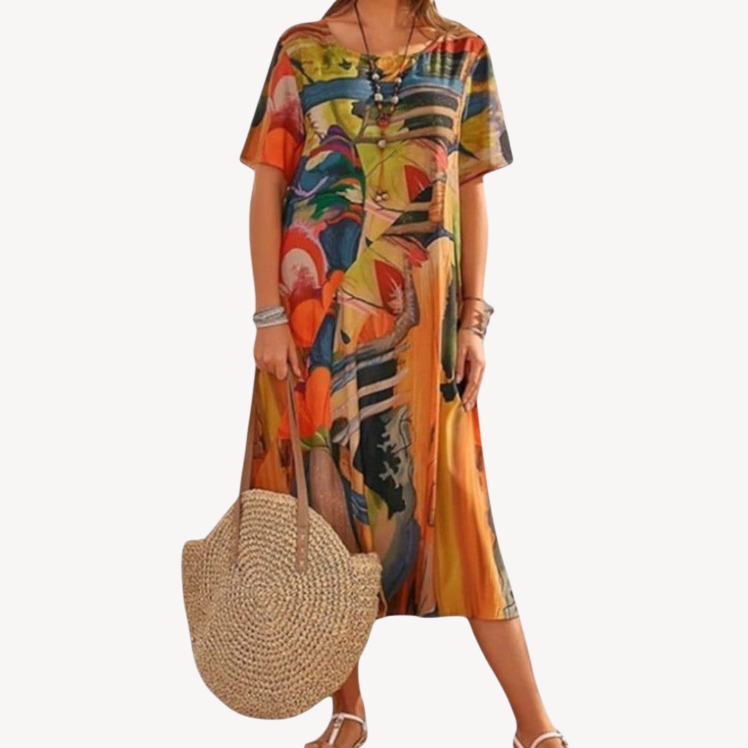 Hedy – Damen Midikleid mit abstraktem Muster Orange