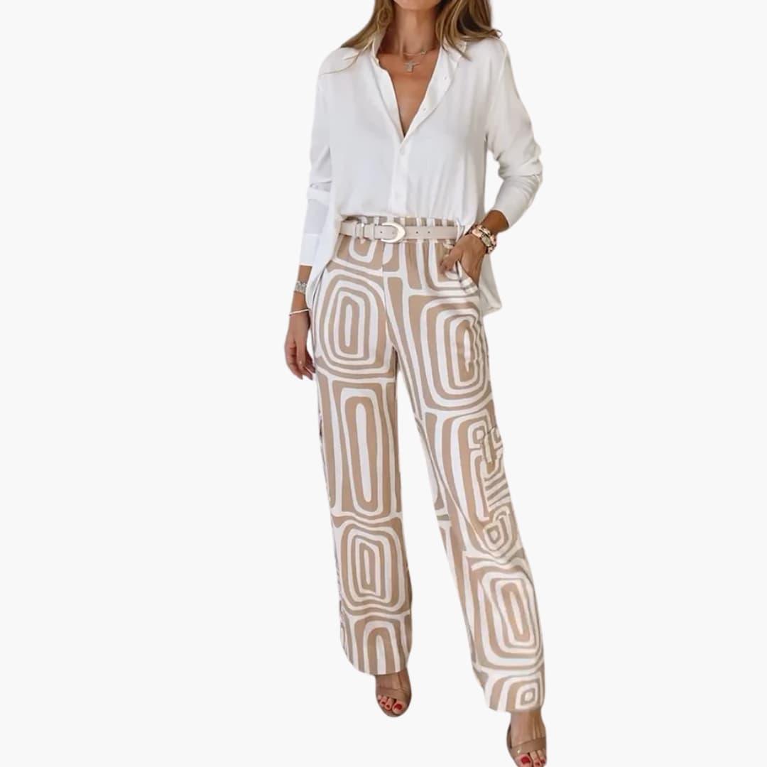 Helene - Damen Weite Hose mit Geometrischem Muster Khaki