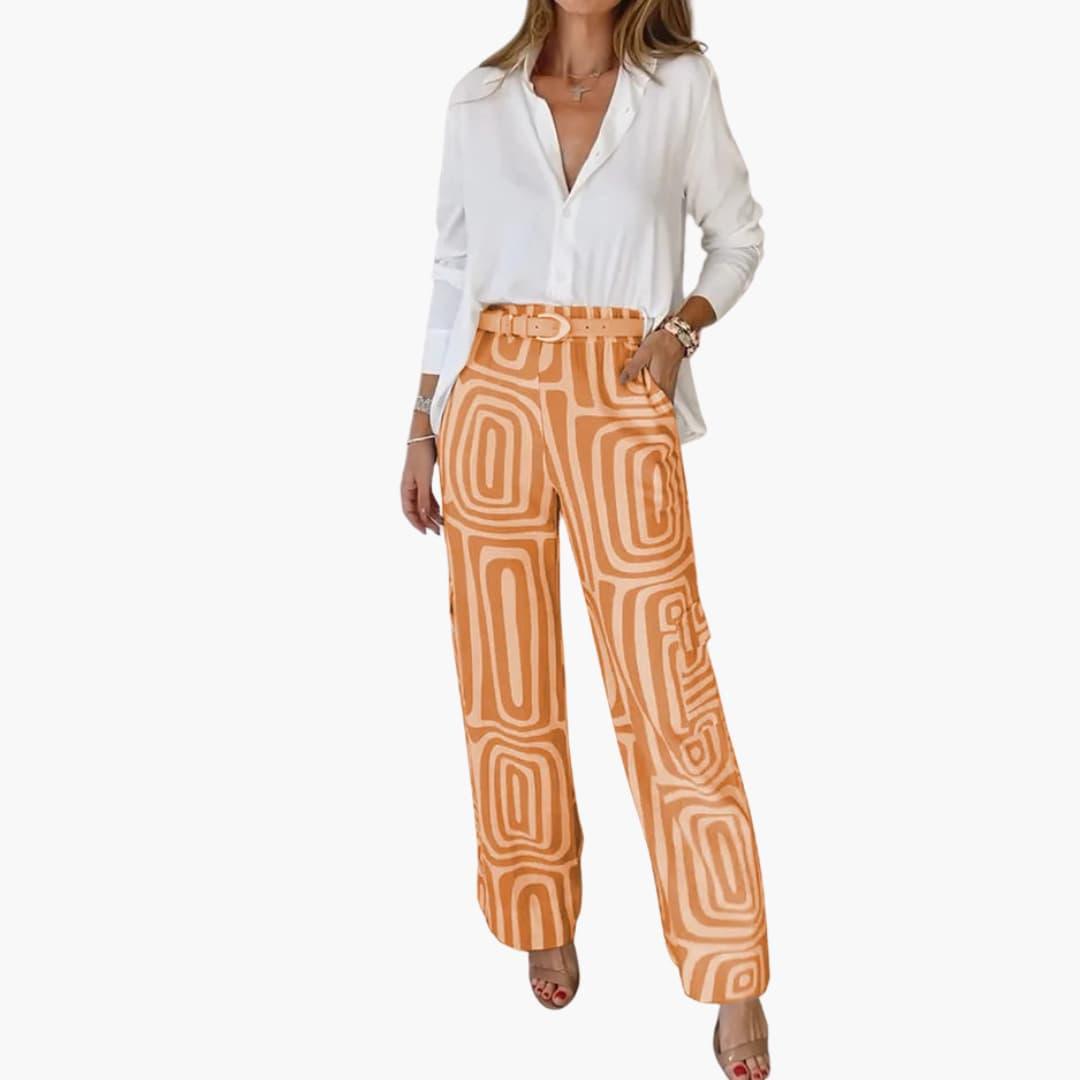Helene - Damen Weite Hose mit Geometrischem Muster Orange