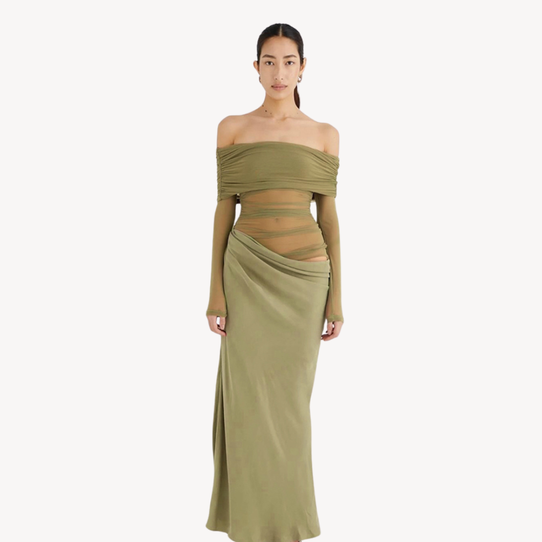 Helisa – Damen Satin-Maxikleid mit Off-Shoulder-Design Grun
