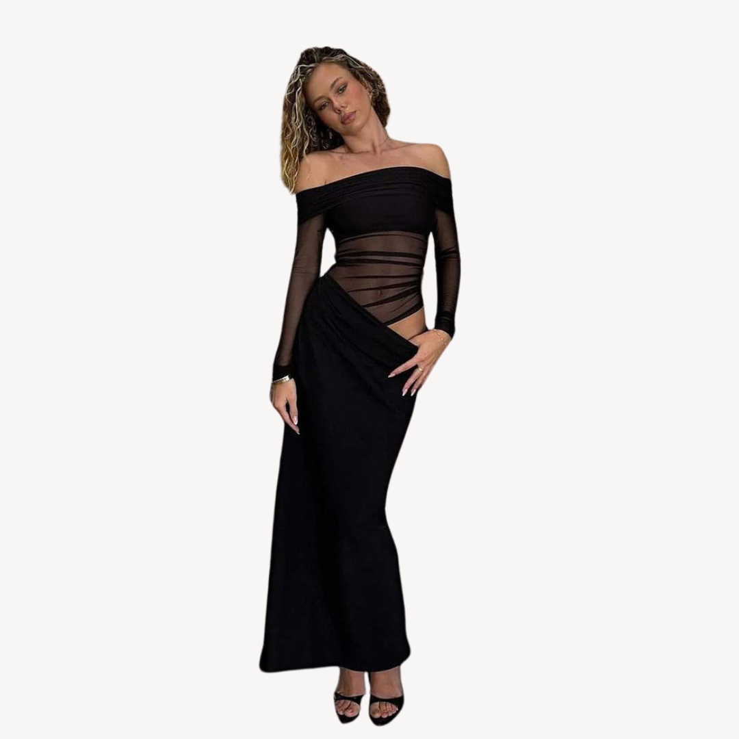 Helisa – Damen Satin-Maxikleid mit Off-Shoulder-Design Schwarz