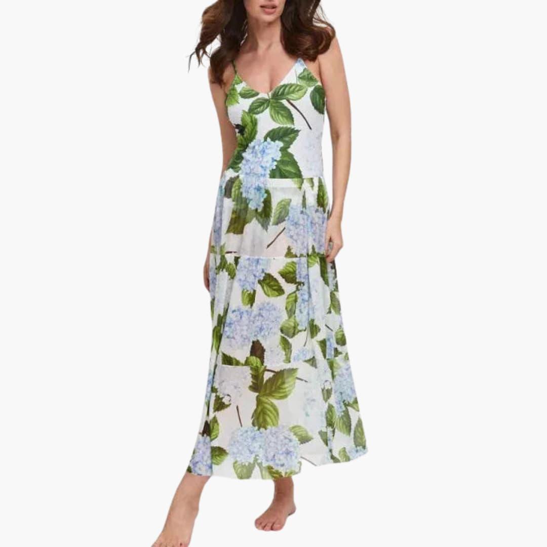 Hermine - Damen Blumenkleid mit Neckholder Weiß & Grün