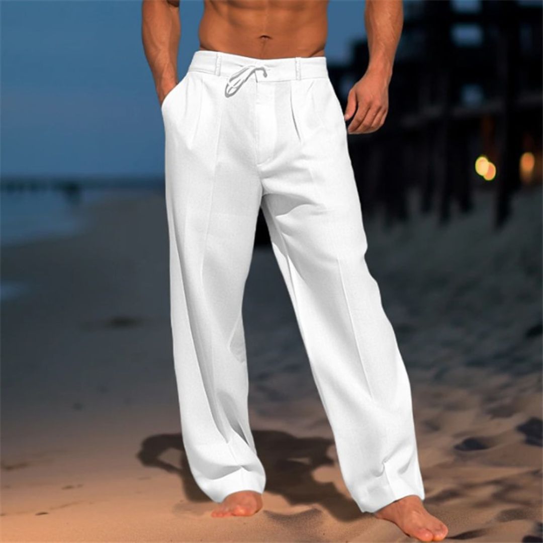 Hildwin – Herren Leinen-Strandhose mit Kordelzug WeiB